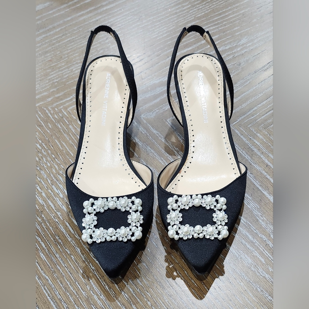 Adrienne Vittadini Black Satin Slingback Heels with Pearl Embellishment - Picture 2 of 9